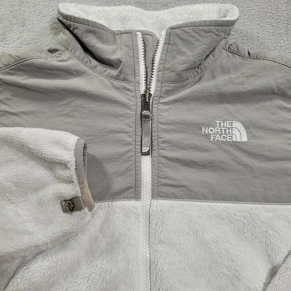 The North Face Jacket Girls XL White Gray Fleece Hooded Full Zip Pockets Sherpa